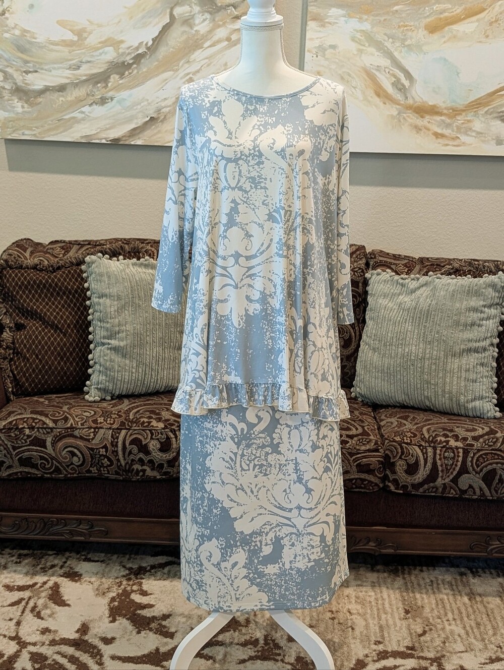 Light Blue and Ivory Print Two-Piece Dress Set